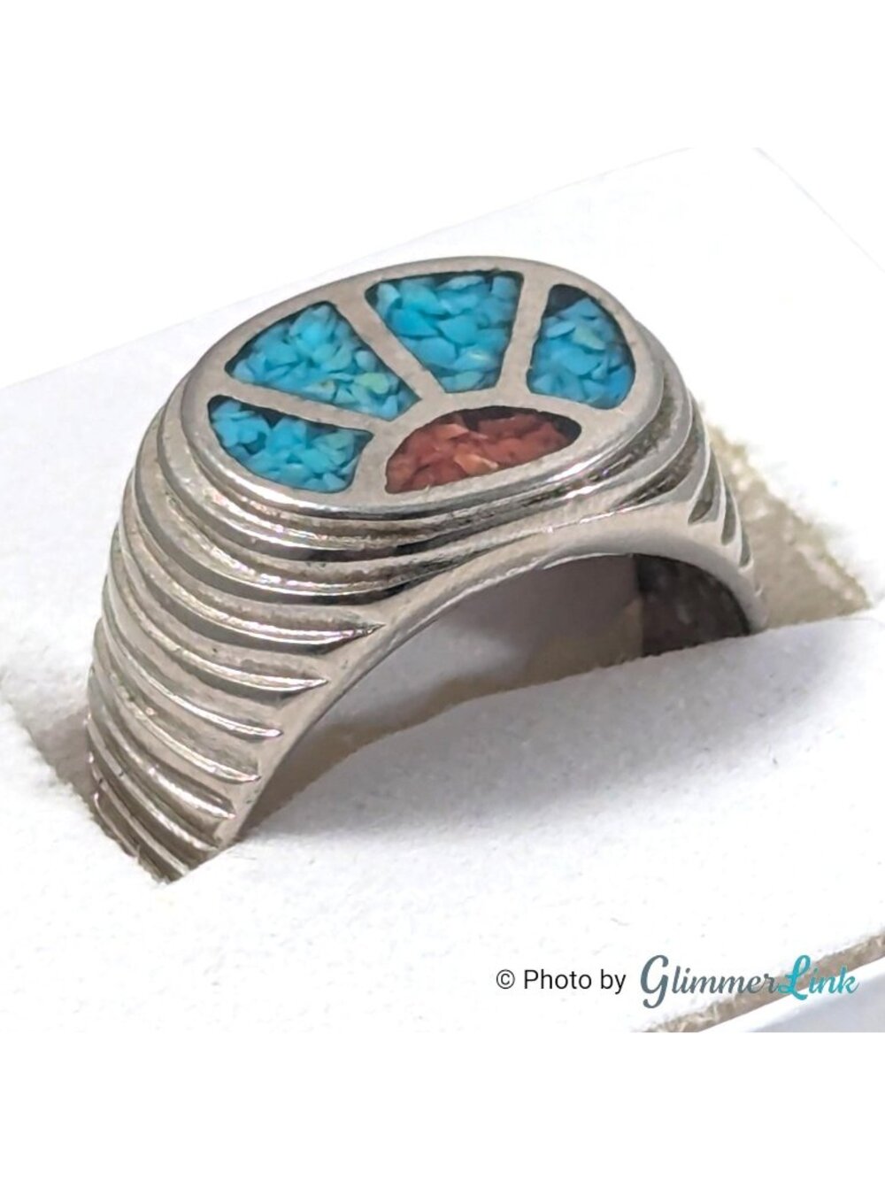 Vintage Southwestern Style Sun Ring Turquoise Color Red Chip Inlay Size 7.5